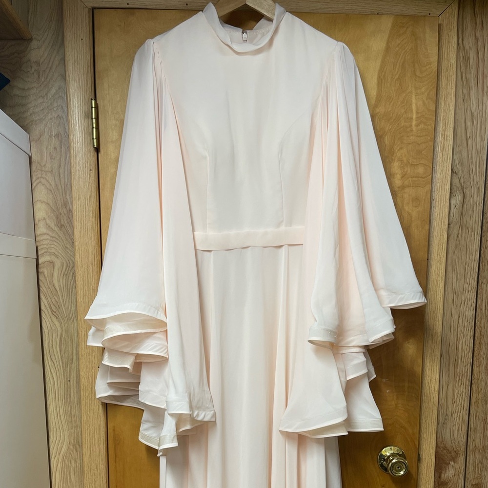 Chiffon Gown- long bell sleeve high slit dress